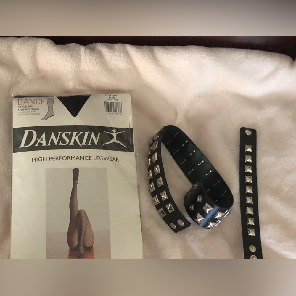 NWOT Black fishnet tights, leather gold studded necklace and matching bracelet